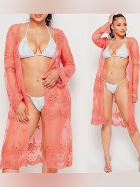 . In Bloom Coral Floral Embroidered Sheer Long Sleeve Open Cardigan Kimono